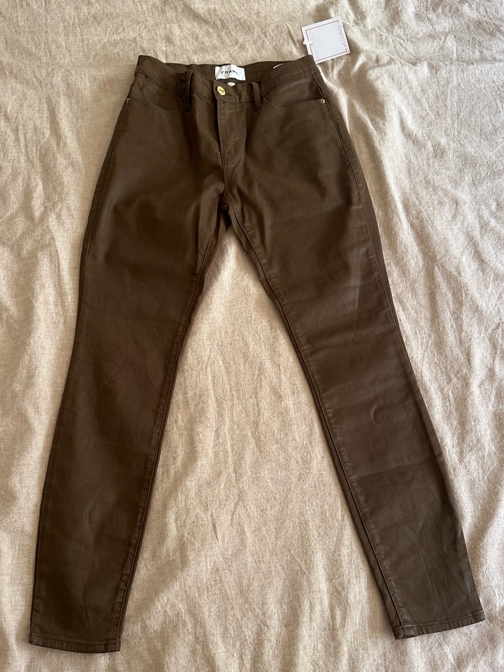 NWT FRAME Brown Coated Skinny Jeans Size 26